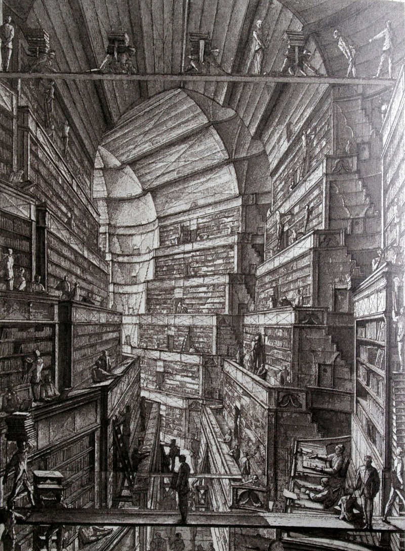 Erik Desmazieres’ illustration of Borges’ Library of Babel, 1997, I think? Every book ever written, that will be written, that was ever thought. Gaiman fans will recognize Lucien’s Library of Dreams here.